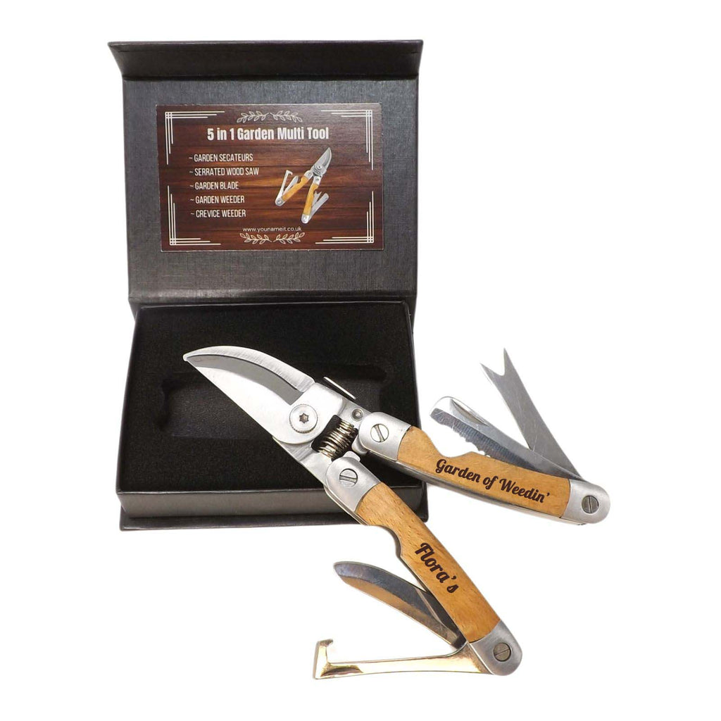 Personalised 5 in 1 Garden Multi Tool. A unique Retirement Gift.