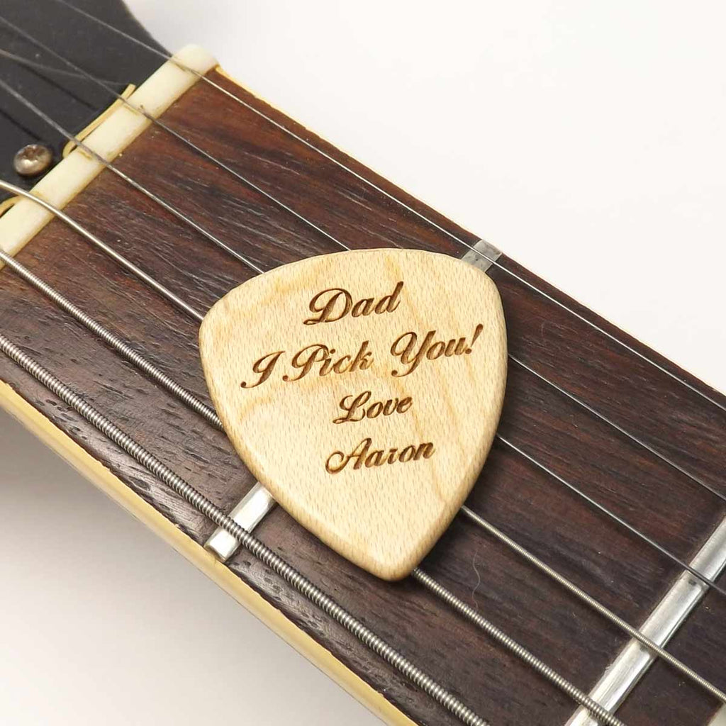 Father’s Day Wooden Guitar Pick Personalised with a name or message.