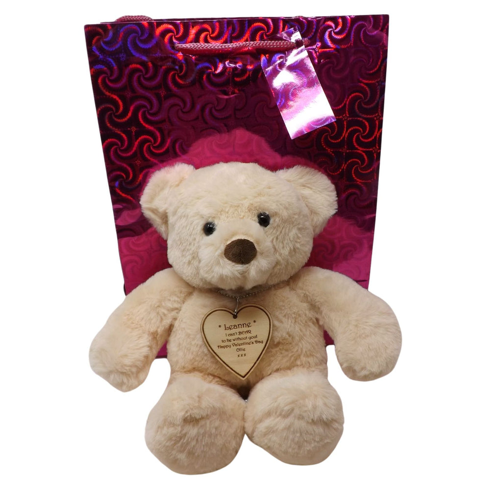 Valentine's Teddy Bear With Personalised Heart Shaped Tag. Includes FREE gift bag
